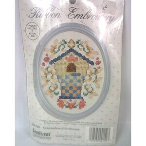 Vintage Janlynn Ribbon Embroidery Kit Checkerboard Birdhouse w Frame 00-150 New